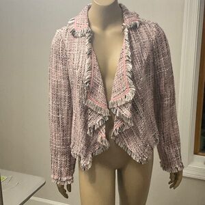 INC International Concepts Pink Tweed Fringe Open-Front Blazer